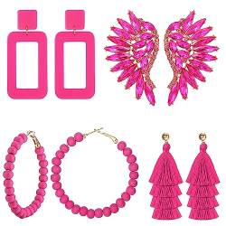 MATTE MAISA 4 Paar 80er Jahre Statement Rosa Ohrringe für Frauen Mädchen Baumeln Geometrische Boho Rosa Lange Quasten Fransen Retro Creolen Set (Pink) von MATTE MAISA