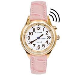 MAUJOY Sprechende Armbanduhr für Damen, mit klarem und lautem amerikanischem Akzent, der Uhrzeit, Datum oder Alarm mit einem rosa Lederarmband für ältere Menschen sagt, Stil 2, Klassisch von MAUJOY