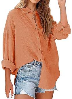 Bluse Damen 100% Baumwolle Knopfhemd Langarm Hemdjacke Lose V-Ausschnitt Shirt（1-Orange，M von MAVIS LAVEN