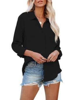 Damen Oversized Kurzbluse Langarm Shirt Bluse Loose Hemdbluse Button Down Boyfriend-Stil Tunika Langarmshirt von MAVIS LAVEN