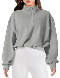 MAVIS LAVEN Damen Halber Reißverschluss Crop Pullover Sweatshirt Hohem Kragen Trainieren Kapuzenpullover Lange Ärmel Sportliche Kurze Oberteile(Grau,Large) von MAVIS LAVEN