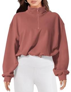 MAVIS LAVEN Damen Halber Reißverschluss Crop Pullover Sweatshirt Hohem Kragen Trainieren Kapuzenpullover Lange Ärmel Sportliche Kurze Oberteile(Grau Rosa,Large) von MAVIS LAVEN