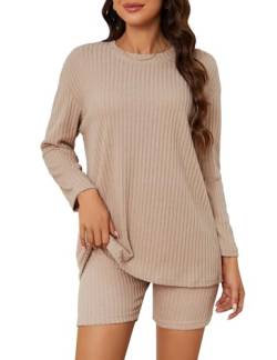 MAVIS LAVEN Damen-Pyjama, 2-teilig, Kurze Sets, Gerippter Strick, passendes Lounge-Set, langärmelig, Biker-Outfits, lässig, lockere Loungewear, Pullover-Pjs von MAVIS LAVEN