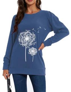 MAVIS LAVEN Damen Sweatshirt Löwenzahn langärmelig Rundhalsausschnitt Pusteblume Pullover Oberteil lässig lockeres Puffärmeln Bluse Tops für Frühling Herbst Winter, Haze Blue, 2XL von MAVIS LAVEN