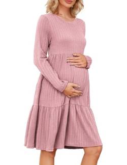 MAVIS LAVEN Damen Umstandskleid Rippstrick Rundhalsausschnitt Langarm Lässige Schwangerschaftskleider für Fotoshooting Babyparty, Rosa XL von MAVIS LAVEN