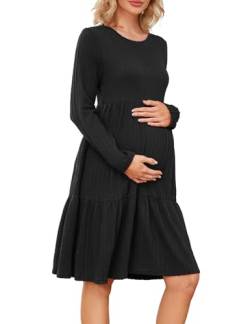 MAVIS LAVEN Damen Umstandskleid Rippstrick Rundhalsausschnitt Langarm Lässige Schwangerschaftskleider für Fotoshooting Babyparty, Schwarz XL von MAVIS LAVEN