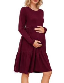 MAVIS LAVEN Damen Umstandskleid Rippstrick Rundhalsausschnitt Langarm Lässige Schwangerschaftskleider für Fotoshooting Babyparty, Weinrot XL von MAVIS LAVEN