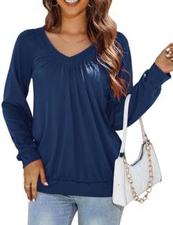 MAVIS LAVEN Langarmshirt Damen T Shirt Langarm V-Ausschnitt Plissierte Tunika Elegant Bluse Shirt Lose Lässig Herbst Einfarbig Oberteile,Dunkelblau,M von MAVIS LAVEN