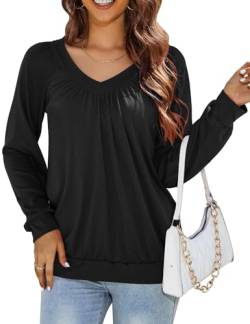 MAVIS LAVEN Langarmshirt Damen T Shirt Langarm V-Ausschnitt Plissierte Tunika Elegant Bluse Shirt Lose Lässig Herbst Einfarbig Oberteile,Schwarz,S von MAVIS LAVEN