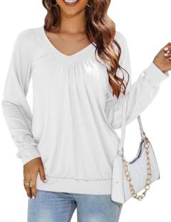 MAVIS LAVEN Langarmshirt Damen T Shirt Langarm V-Ausschnitt Plissierte Tunika Elegant Bluse Shirt Lose Lässig Herbst Einfarbig Oberteile,Weiß,L von MAVIS LAVEN