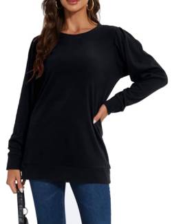 MAVIS LAVEN Sweatshirts für Damen Langarm Rundhalsausschnitt Puffärmel Pullover Oberteil Lockere Lässige Langarm Tunika Herbst Winter Bluse Tops, Schwarz, 2XL von MAVIS LAVEN