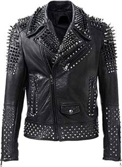 Herren Brando Spikes Nieten Rock Punk Motorrad Schwarz Biker Lederjacke, Schwarz - Echtleder, XXL von MAXDUD