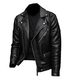 Herren Brando Style – Negan Jacke Slim Fit Motorrad Schwarz Biker Lederjacke, Schwarz - Kunstleder, X-Small von MAXDUD