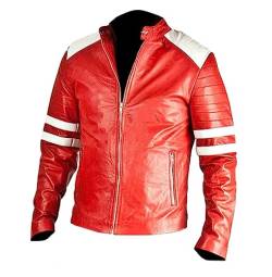 Herren Stilvolle Kampf Cafe Racer Lederjacke Club Casual Weiß & Rot Streifen Motorradjacke für Männer, Rot – echtes Leder, M von MAXDUD