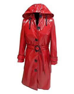 MAXDUD Damen-Regenmantel aus PVC, glänzend, mit Kapuze, leicht, stilvoll, langer Trenchcoat, Rot – PVC-Leder, Large von MAXDUD