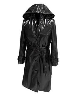 MAXDUD Damen-Regenmantel aus PVC, glänzend, mit Kapuze, leicht, stilvoll, langer Trenchcoat, Schwarz – PVC-Leder, XXL von MAXDUD