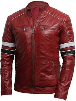 MAXDUD Herren Café Racer Retro Stripes Red Biker Lederjacke, Rot – echtes Leder, Medium von MAXDUD