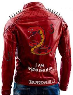 MAXDUD Herren Danger Snake Logo Spikes Retro Rot Cafe Racer Motorrad Biker Lederjacke, Rot – echtes Leder, L von MAXDUD