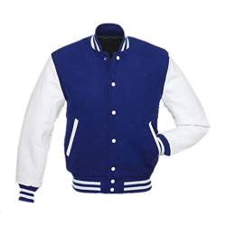 MAXDUD Herren Varsity High School College Jacke Baseballjacke, Letterman Bomber Wollbody mit Kunstleder Ärmeln Freizeitjacke, Ärmel aus Kunstleder in Blau und Weiß – Wolle, Small von MAXDUD