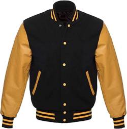 MAXDUD Herren Varsity High School College Jacke Baseballjacke, Letterman Bomber Wollbody mit Kunstleder Ärmeln Freizeitjacke, Schwarze und gelbe Kunstleder-Ärmel – Wolle, L von MAXDUD