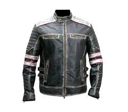 MAXDUD Herren Vintage Brando Retro Jacke Distressed Cafe Racer Motorrad Biker Lederjacke, Schwarzes und rotes Futter im Used-Look – echtes Leder, XXXXL von MAXDUD