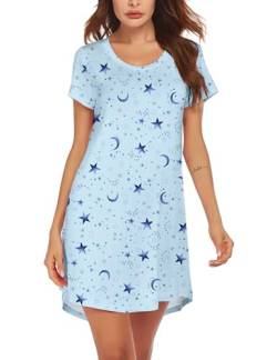 MAXMODA Damen Nachthemd Baumwolle Gemütlich Nachthemd Kurzarm Sleepshirt Knielang Nachtwäsche Negligee blau Stern Mond M von MAXMODA