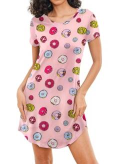 MAXMODA Damen Nachthemd Baumwolle Gemütlich Nachthemd Kurzarm Sleepshirt Knielang Nachtwäsche Negligee rosa Donut XL von MAXMODA