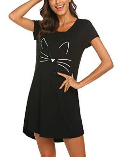 MAXMODA Damen Nachthemd Baumwolle Gemütlich Nachthemd Kurzarm Sleepshirt Knielang Nachtwäsche Negligee schwarz Katze XXL von MAXMODA