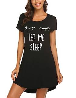 MAXMODA Damen Nachthemd Baumwolle Gemütlich Nachthemd Kurzarm Sleepshirt Knielang Nachtwäsche Negligee schwarz L von MAXMODA
