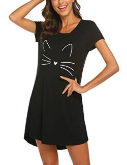 MAXMODA Damen Nachthemd Baumwolle Kurzarm Nachtwäsche Negligees Schlafhemd T-Shirt Sleepshirt schwarz Katze S von MAXMODA