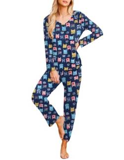 MAXMODA Damen Schlafanzug Lang Pyjama Winter Autumn Herbst Nachtwäsche V Ausschnitt Schlafanzüge Katze,M von MAXMODA