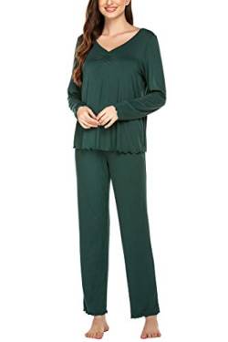 MAXMODA Schlafanzüge für Damen Lang Pyjama Set Langarm Nachtwäsche Viskose Winter Zweiteiliger, Grün S von MAXMODA