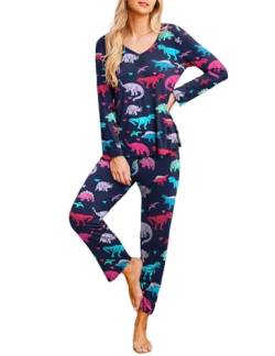 MAXMODA Schlafanzug Damen Lang Pyjama Zweiteiler V-Ausschnitt Lang Hausanzug Leicht Pjama Dinosaurier,S von MAXMODA