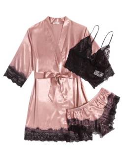 MAXMODA Sexy Roben für Frauen 3 Stück Spitze Dessous Set Satin Braut Pyjama Seide V-Ausschnitt Nachtwäsche, A-rosa, L von MAXMODA