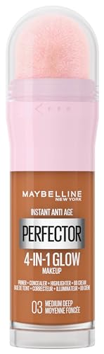 Maybelline New York 4-in-1 Make Up mit Concealer, BB Cream, Highlighter und Primer, für einen perfekten Teint, Foundation mit leichter Deckkraft, Instant Perfector Glow, Nr. 03 Medium Deep, 20 ml von MAYBELLINE