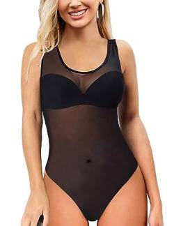 MAYFASEY Damen Ärmelloser Stretch Mesh Durchsichtiger Jumpsuit Body Trikot Club Party Bodycon Tops, Schwarz, M von MAYFASEY