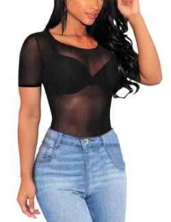 MAYFASEY Damen Basic Kurze Ärmel Mesh Transparente Tops Durchsichtige Bluse Clubwear, Schwarz, L von MAYFASEY