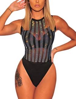 MAYFASEY Damen Gestreifter Strass Mesh ärmelloser Body Sexy Sheer Trikot Clubwear, Schwarz, XL von MAYFASEY