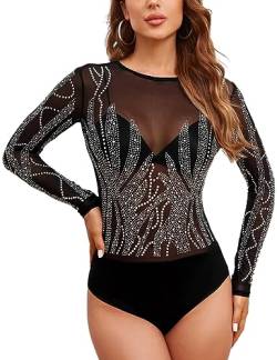 MAYFASEY Damen Glitter Strass Langärmel Transparenter Mesh Bodys Durchsichtige Bodys Oberteile, Schwarz, XL von MAYFASEY