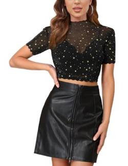 MAYFASEY Damen Gold Star Bedruckte Kurze Ärmel Stretch Mesh Transparente Crop Tops Durchsichtige Blusen, Schwarz, L von MAYFASEY