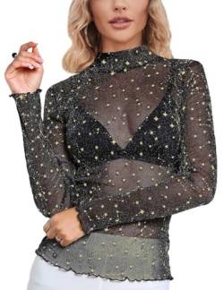 MAYFASEY Damen Gold Star Bedruckte Lange Ärmel Stretch Mesh Transparente Oberteile Durchsichtige Blusen, Schwarz, XL von MAYFASEY