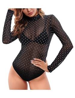 MAYFASEY Damen Langarm Mesh Body Durchsichtige Dehnbare Durchsichtige Bodysuit Oberteile, Schwarz, XXL von MAYFASEY