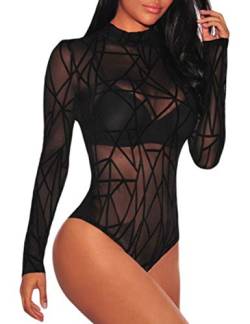 MAYFASEY Damen Langarm Mesh Bodysuit Oberteile Sexy Trikot Top Jumpsuit, Schwarz, S von MAYFASEY