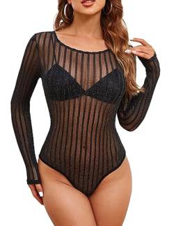 MAYFASEY Damen Langarm Streifen Mesh Transparenter Body Tops Stretch Trikot Clubwear, Schwarz, M von MAYFASEY