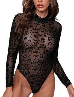 MAYFASEY Damen Leopard Bedruckt Transparentes Mesh Bodys Langarm Durchsichtiger Body Trikot Clubwear Tops, Schwarz, M von MAYFASEY