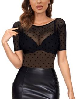 MAYFASEY Damen Polka Dot Kurze Ärmel Stretch Mesh Sheer Tops See Through Blusen, Schwarz, XL von MAYFASEY