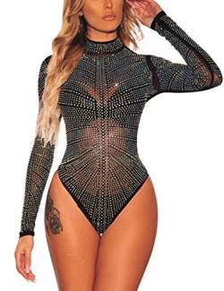 MAYFASEY Damen Schillernde Strass Nieten Mock Neck Bodysuit Sexy Jumpsuits Mesh Top, Schwarz, XL von MAYFASEY