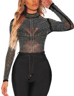 MAYFASEY Damen Schillernde Strass Nieten Stehkragen Tunika Bluse Sexy Transparentes Netzoberteil, Schwarz, M von MAYFASEY