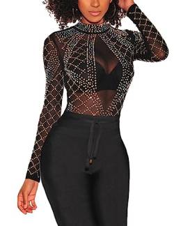 MAYFASEY Damen Sexy Mesh Langarm Strass Top Durchsichtige Slim Fit T-Shirt Tunika, Schwarz, M von MAYFASEY