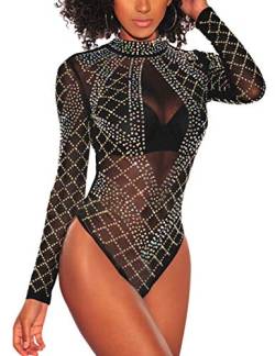 MAYFASEY Damen Sexy Mesh Langarm Strass Trikot Top Jumpsuits Clubwear Body, Schwarz, L von MAYFASEY